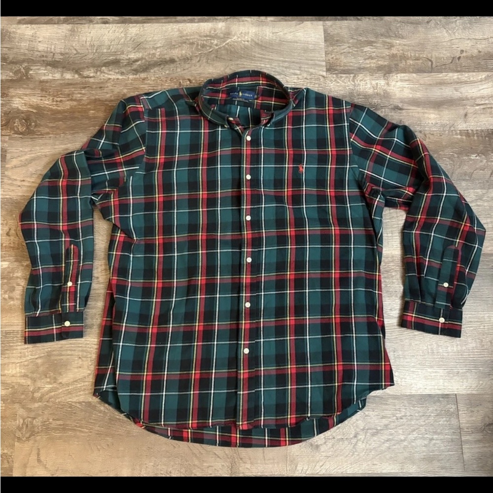 Ralph Lauren Green Plaid Button-Down Shirt with Red and Navy Stripes